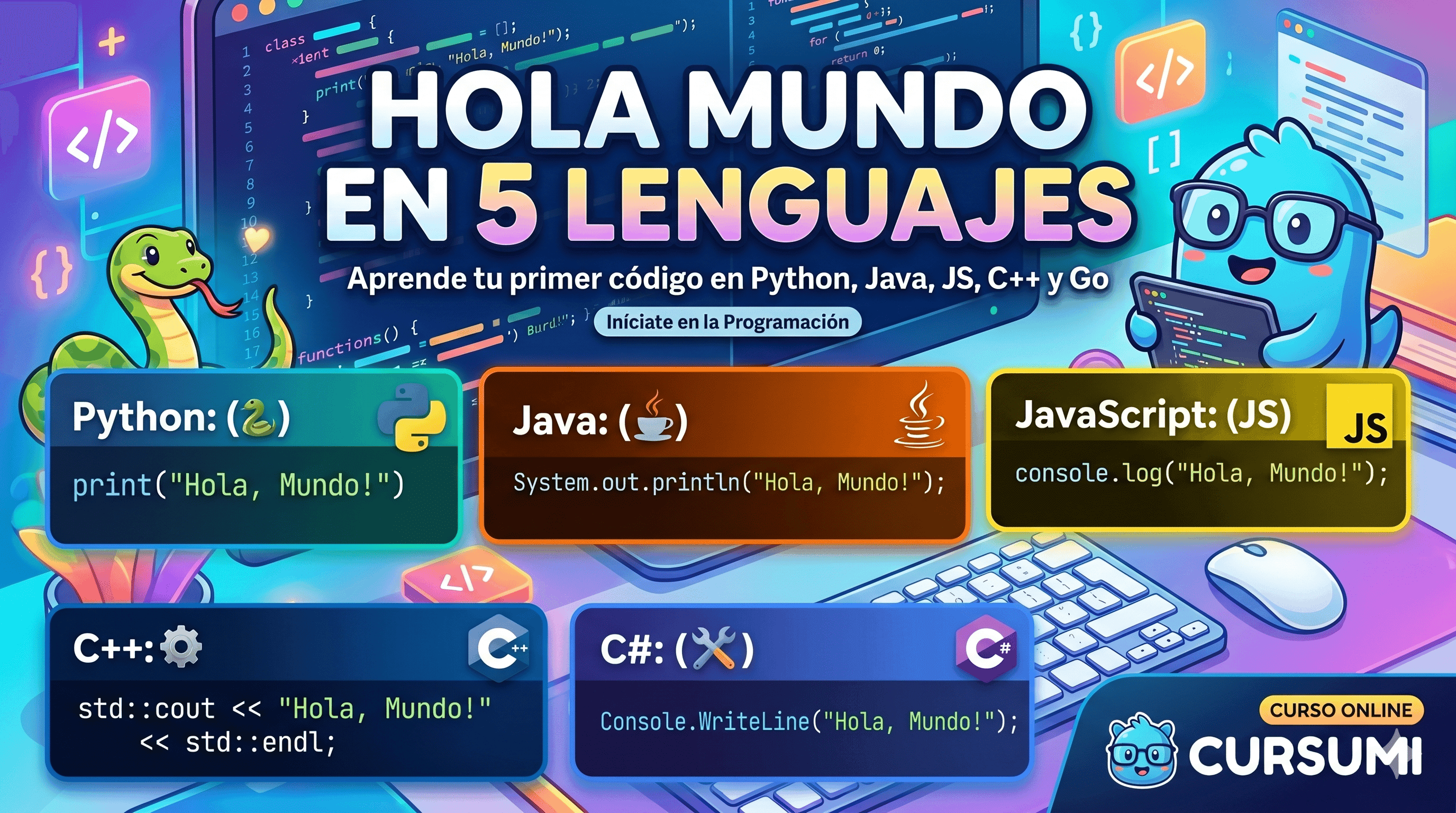 Portada del curso: Hola Mundo en 5 lenguajes diferentes